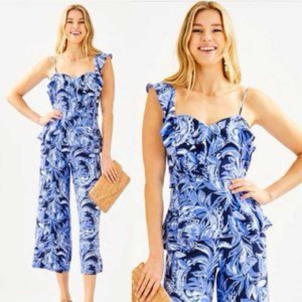 NWT Lilly Pulitzer Auria Top + Avery Crop Pant Sz 0 You’re The Zest Navy - Picture 1 of 9